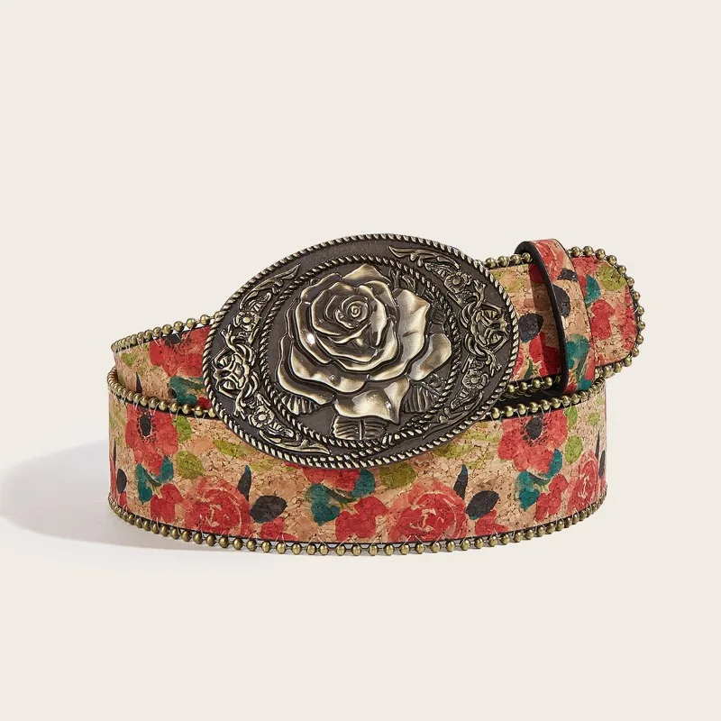 Plus Size Palace Women's Gemstone Engraved Buckle Multi-color Irregular Flower Embroidery Oil Painting Pattern PU Leather Belt