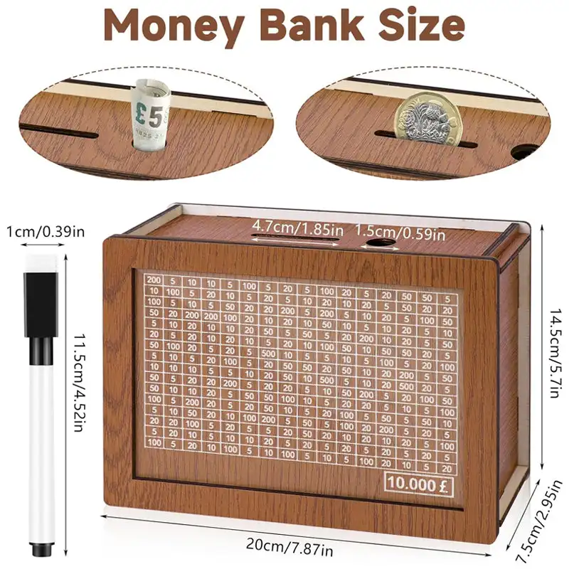 Wooden money box with engraved figures,1000/2000/5000/10000 dollar Money Box with Saving Goal and Numbers Boxes