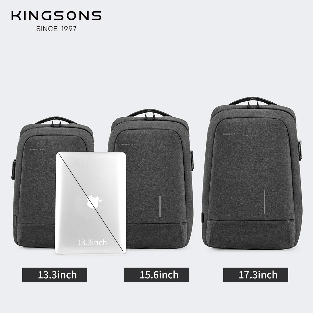 Kingsons Customs Lock Anti-theft Men Women Backpack For Laptop 13.3/15.6/17.3 inch Waterproof With USB Charging Port 180° Open