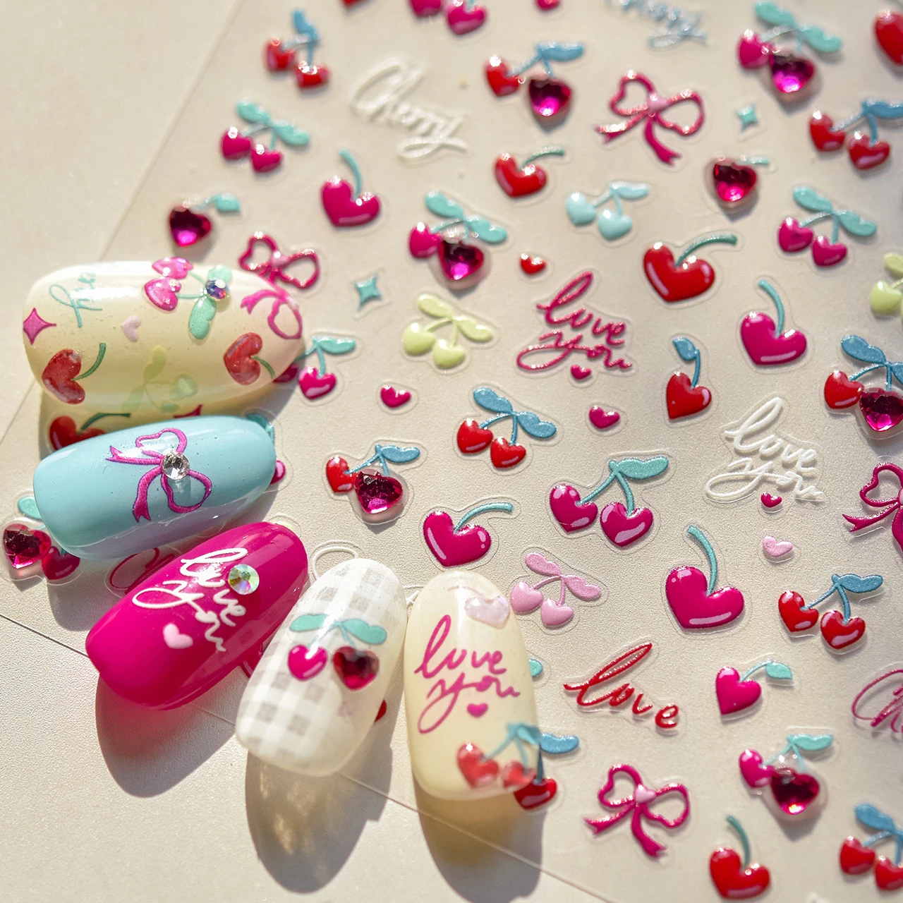 Rose Red Cherry Red Love Heart Crystal Cute Bowknot Shiny Rhinestones Colorful Glitter Powder Nail Art Stickers Manicure Decals