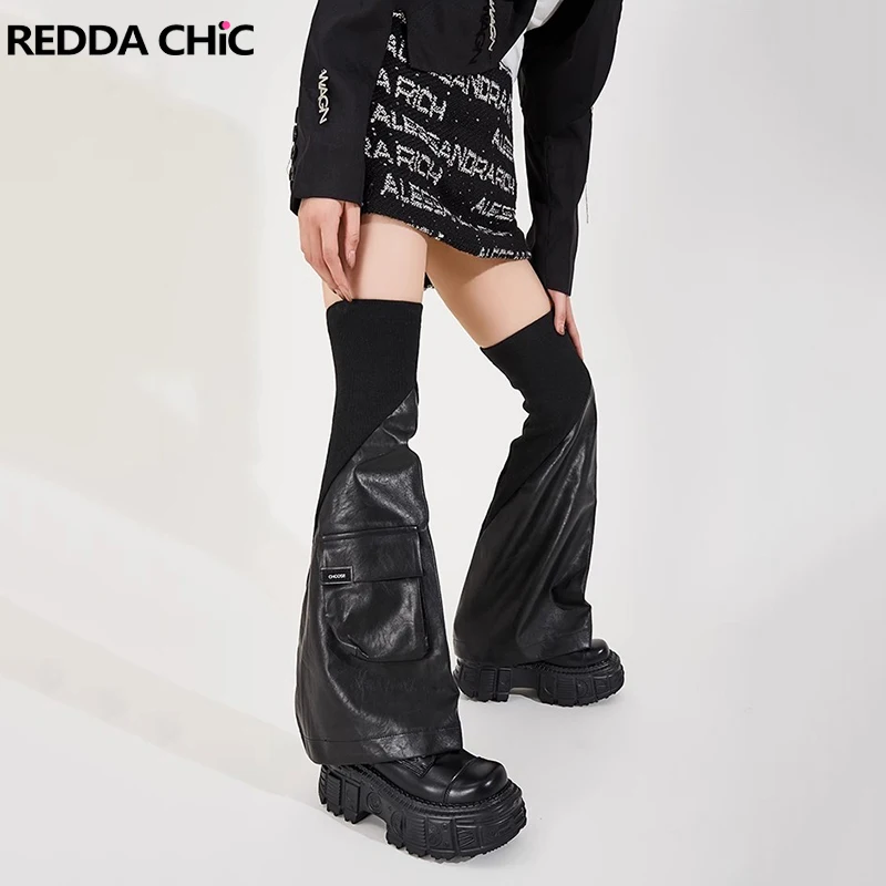 

ReddaChic Rib Knit Stitch Leather Leg Warmers Women Black Thigh Long Socks Cargo Pockets Boots Cover Punk Y2k Grunge Streetwear