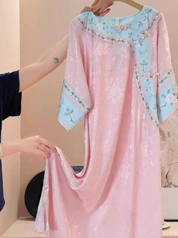 

plus Size Ice Silk Short Sleeve Sleep Dress Women's Casual Home Wear Summer Chinese Court Style Comfortable Lightweight Night...