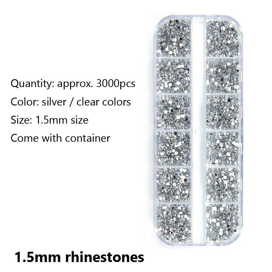 3000Pcs 1.5mm Clear Silver Rhinestones, Flatback Nail Gems, with Storage Organizer Box for DIY Nail Art Decoration