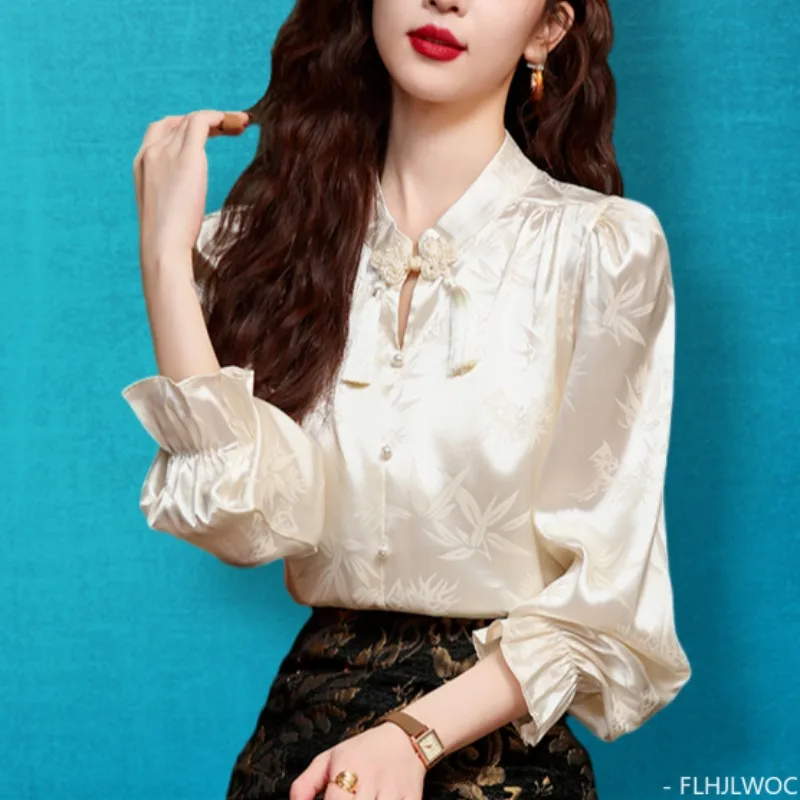 Hot Chinese Style Chi-pao Collar Design Button Tops 2024 Summer Flare Sleeve Women Date Girls Elegant Retro Shirt Blouse Vintage