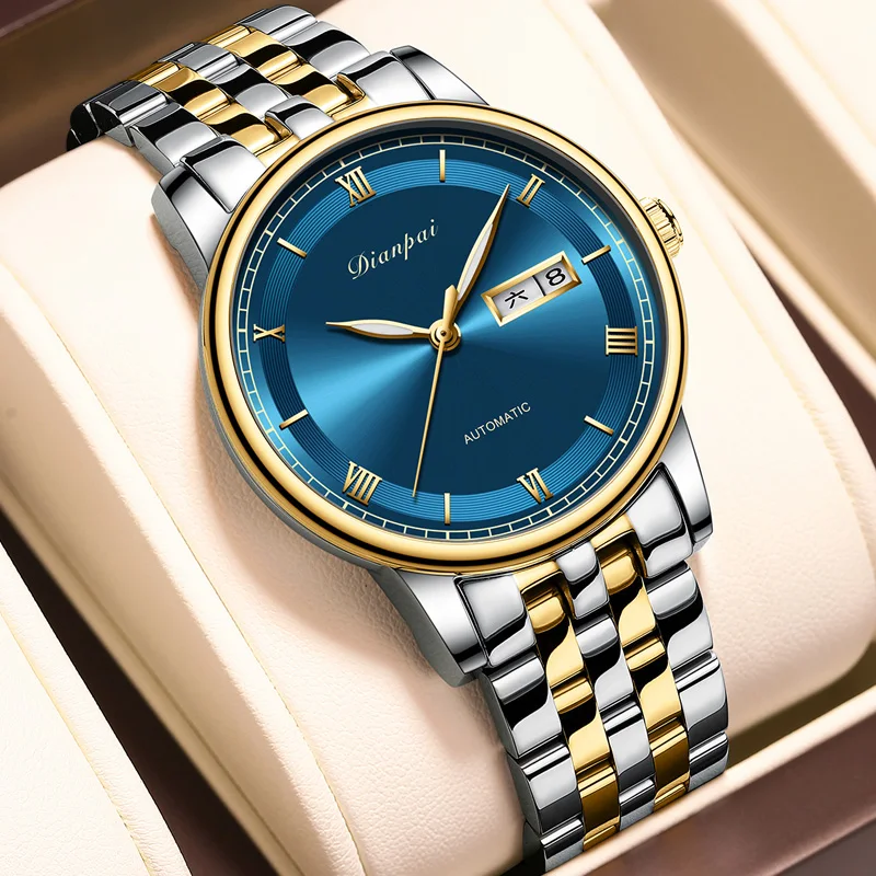 dianpai-formal-business-men's-fully-automatic-mechanical-watch-stainless-steel-strap-night-light-men's-waterproof-blue-watch
