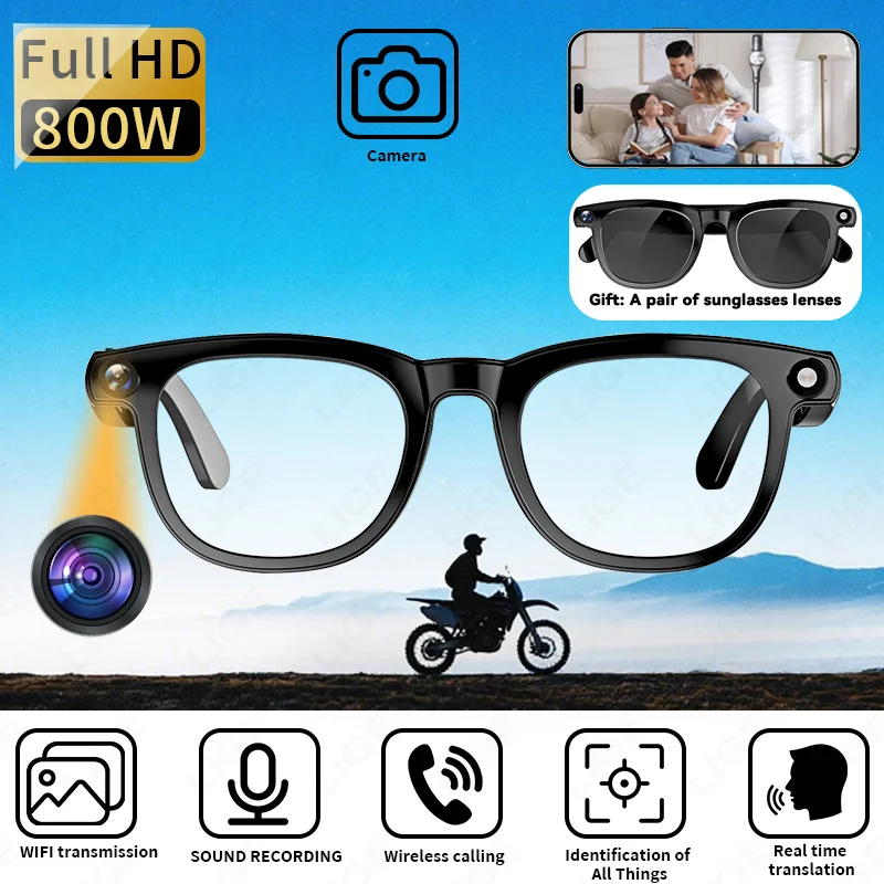 

Умные очки для камеры LIGE 800 Вт, 1080P, видеозапись, AI, распознавание фотографий, отвес на вызове, перевод 270 мАч, Bluetooth-солнцезащитные очки для вызова