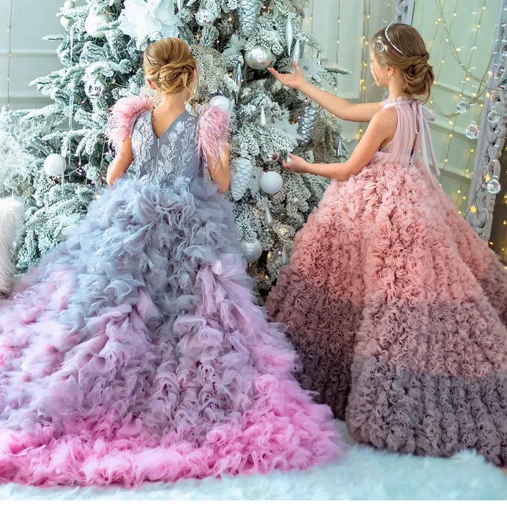 Luxury Flower Girl Dress Quality Feathers Beading Prom Ball Gown for Kids Princess Wedding Birthday Communion Party Gowns