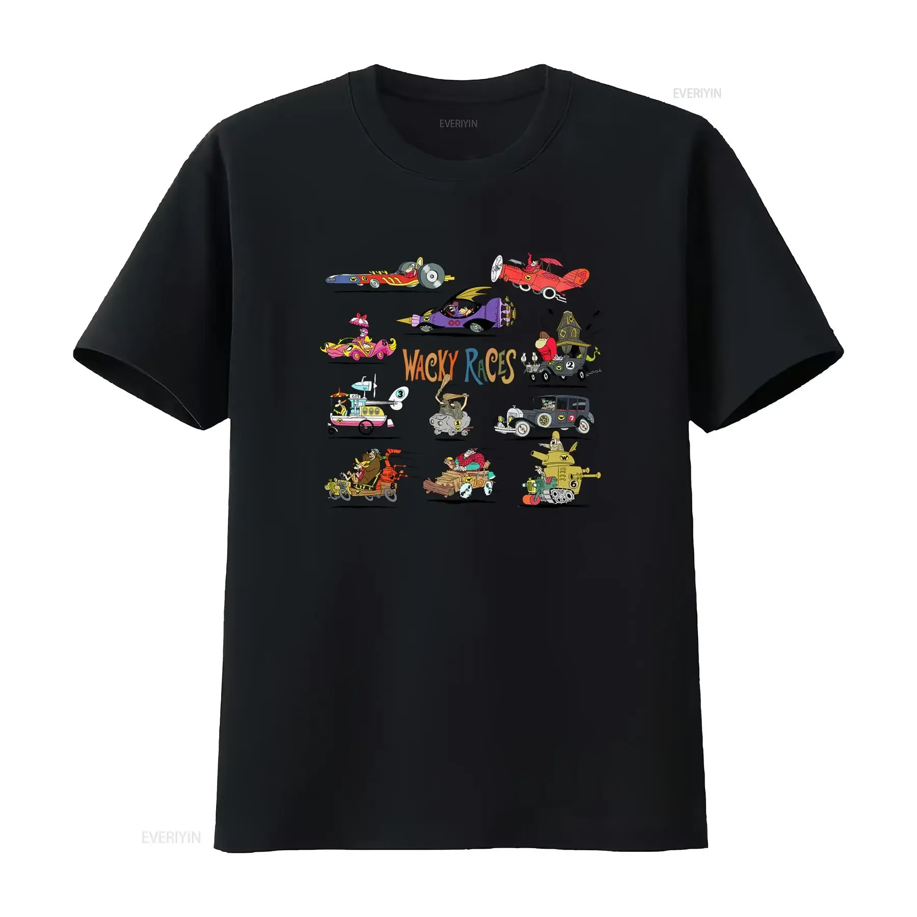 Maglietta Wacky Races con Stampa di Veicoli Colorati e Cartoon Stile Bohémien vintage Washed Stylish designer clothes graphic