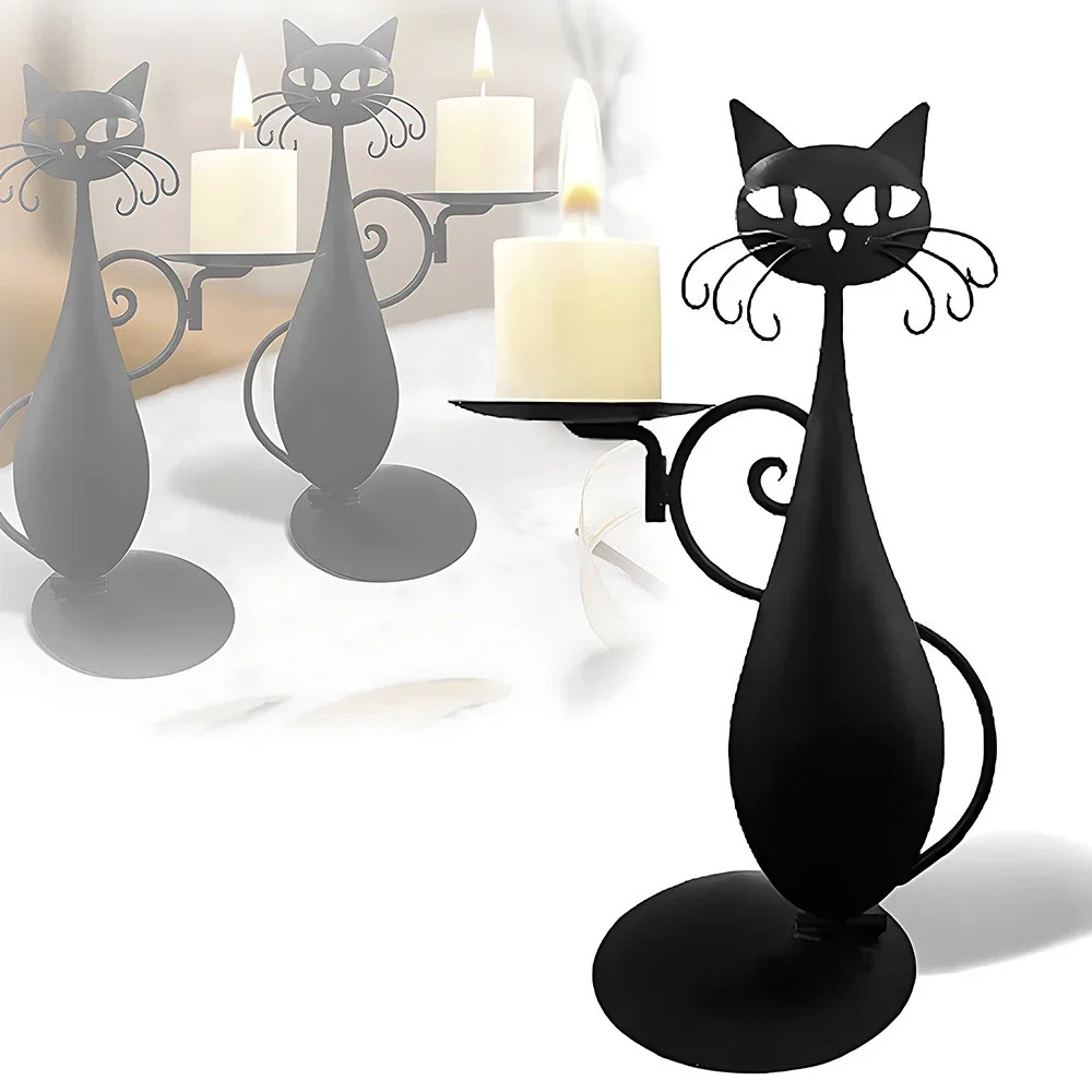 Black Cat Candlestick for Cylindrical/LED Flameless Candle Vintage Home Metal Decorative Candle Holder Table Decorations