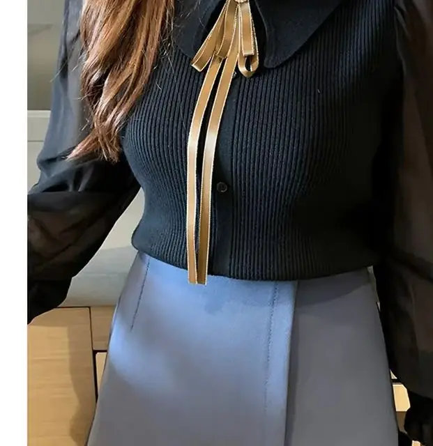 

Autumn Women Chiffon Patchwork Sweater Lantern Sleeve Turn-down Collar Button Pullover Women Office Lady Sweater Winter