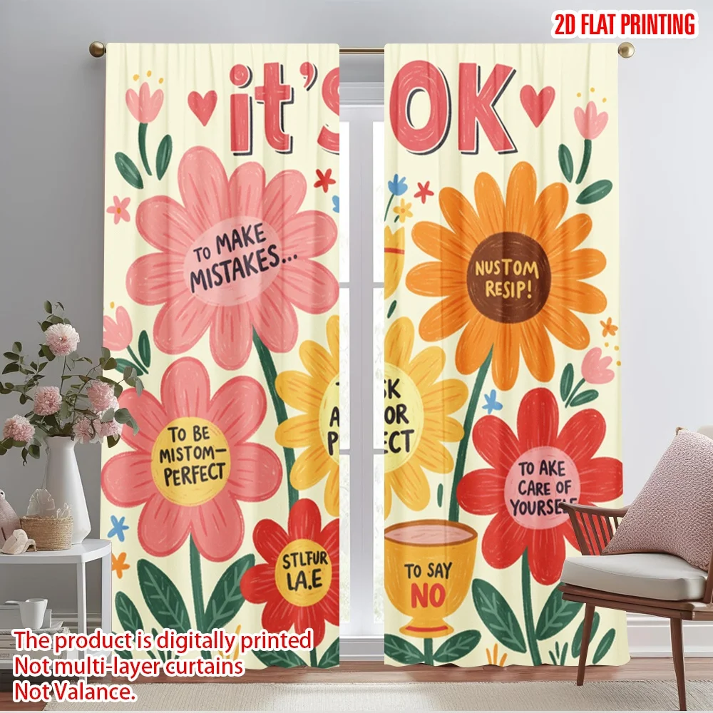 2pcs 2D flat printing Window Treatment Curtains OK Flower Polyester Without Electricity Festive Holiday Use for gold wall decor