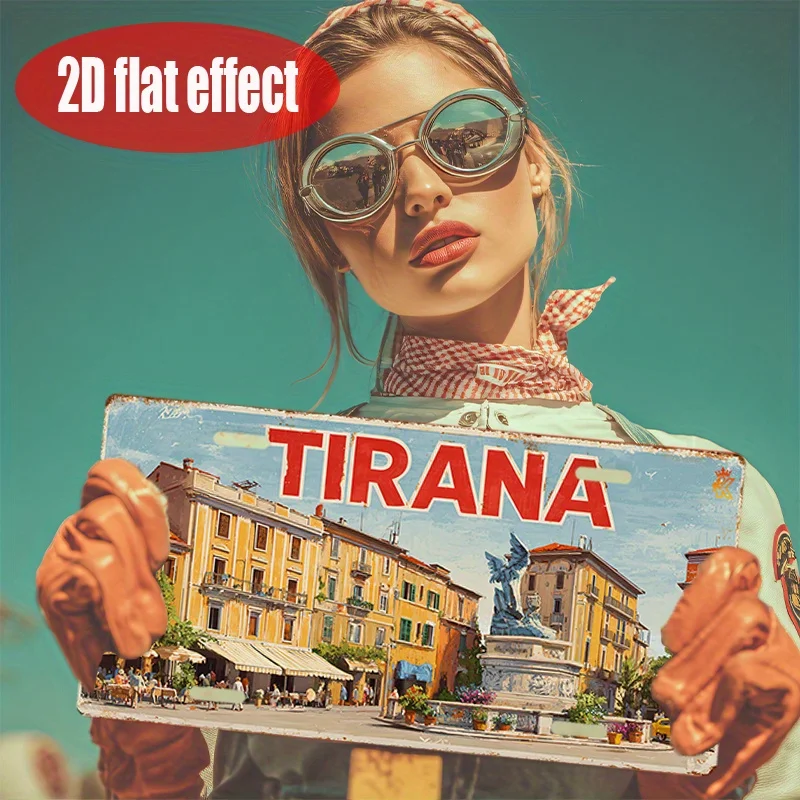 2D Flat Printing, 1pc, Vintage Metal License Plate, only for decoration,Tirana Historic Square Scene Sign