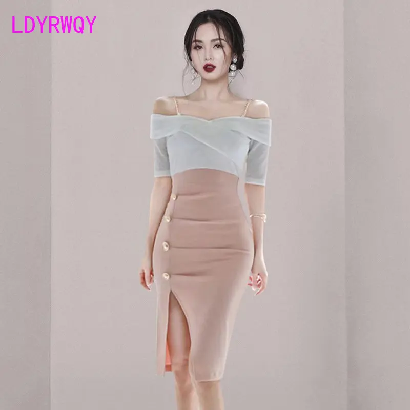 

Sexy and Elegant One line Neck Chain Strap Dress 2023 Summer New Product Fake Two Piece Splice Split Wrap Hip