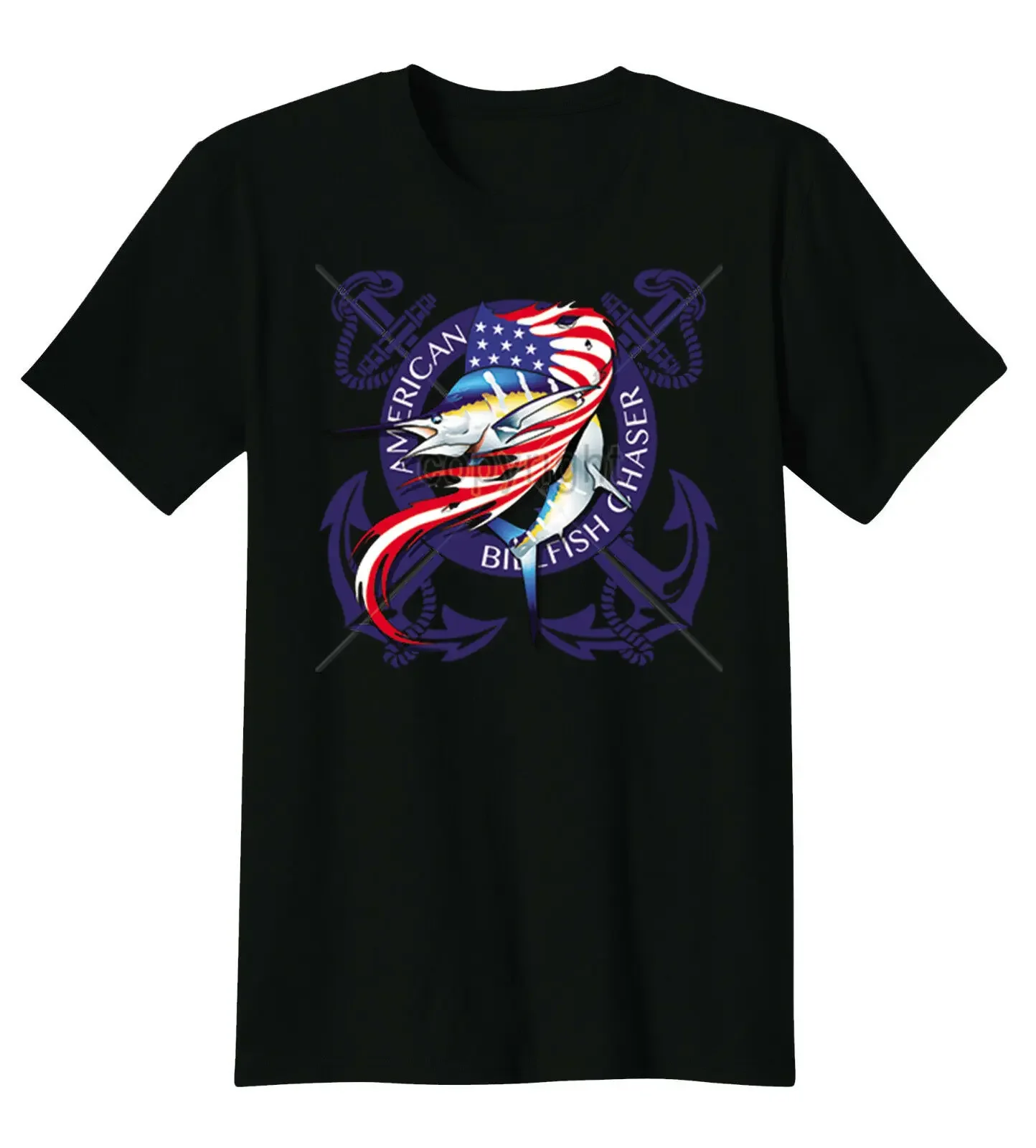 American Fish Chasers Fishing Swordfish Anchors USA Patriotic T Shirt New 100% Cotton Short Sleeve O-Neck Tshirt Casual Mens Top