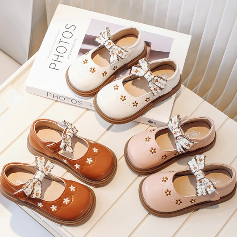 Trendy Leather Shoe Simple Retro Embroider Girl Shoes Fashion Versatile Elegant Princess Shoes Flat Kid Shoe Exquisite Sandal