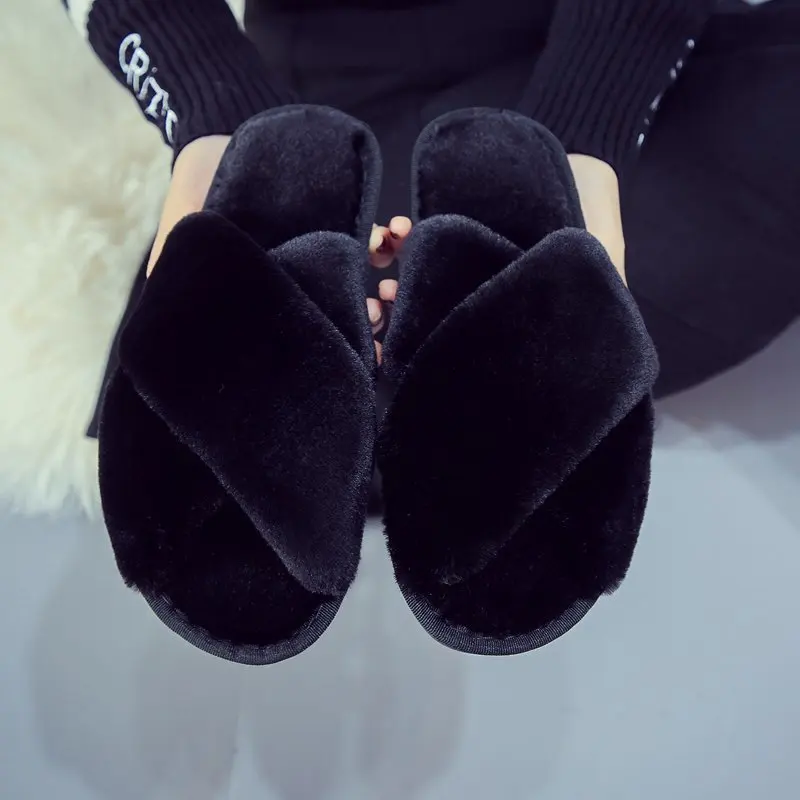 Women Winter House Furry Slippers 2022 New Design Women Cross Fluffy Fur Home Slides Flat Indoor Floor Shoes Ladies Flip Flops