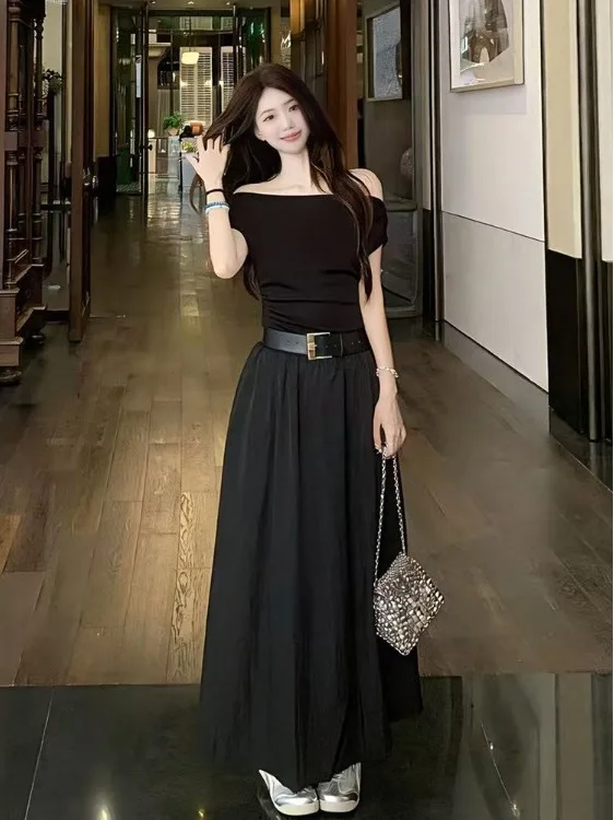 

Elegant plus Size One Shoulder Long Dress Women's Summer New Style Waist Cinched Korean Version Commute Wind A-Line Skirt