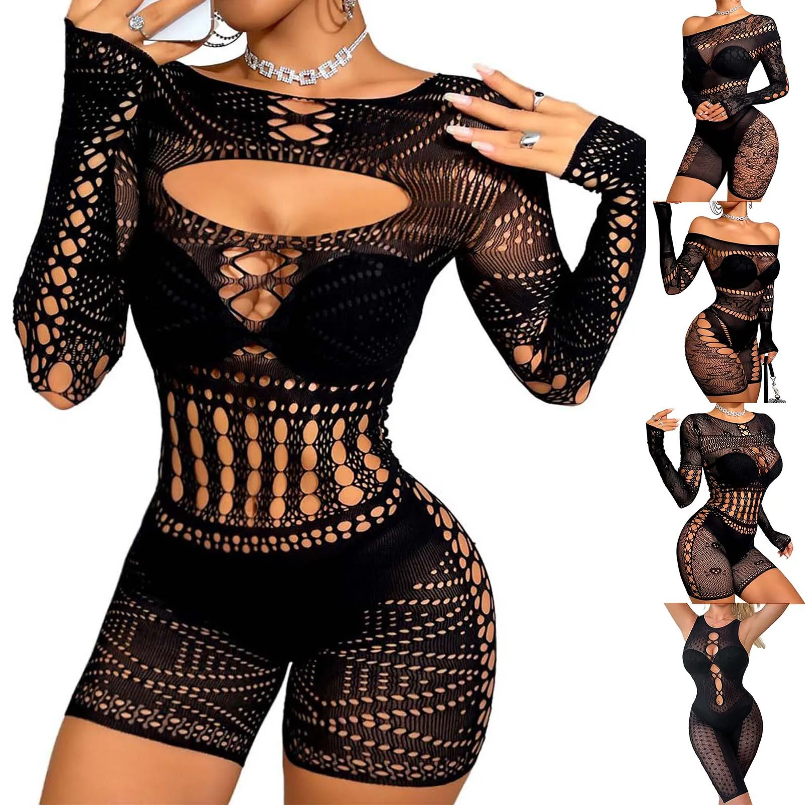 Women'S Sexy Lingerie Sexy Spice Websuit Romper Long Sleeve One Line Shoulder Hollow Sexy Sexy Romper For Women Erotic Clothing