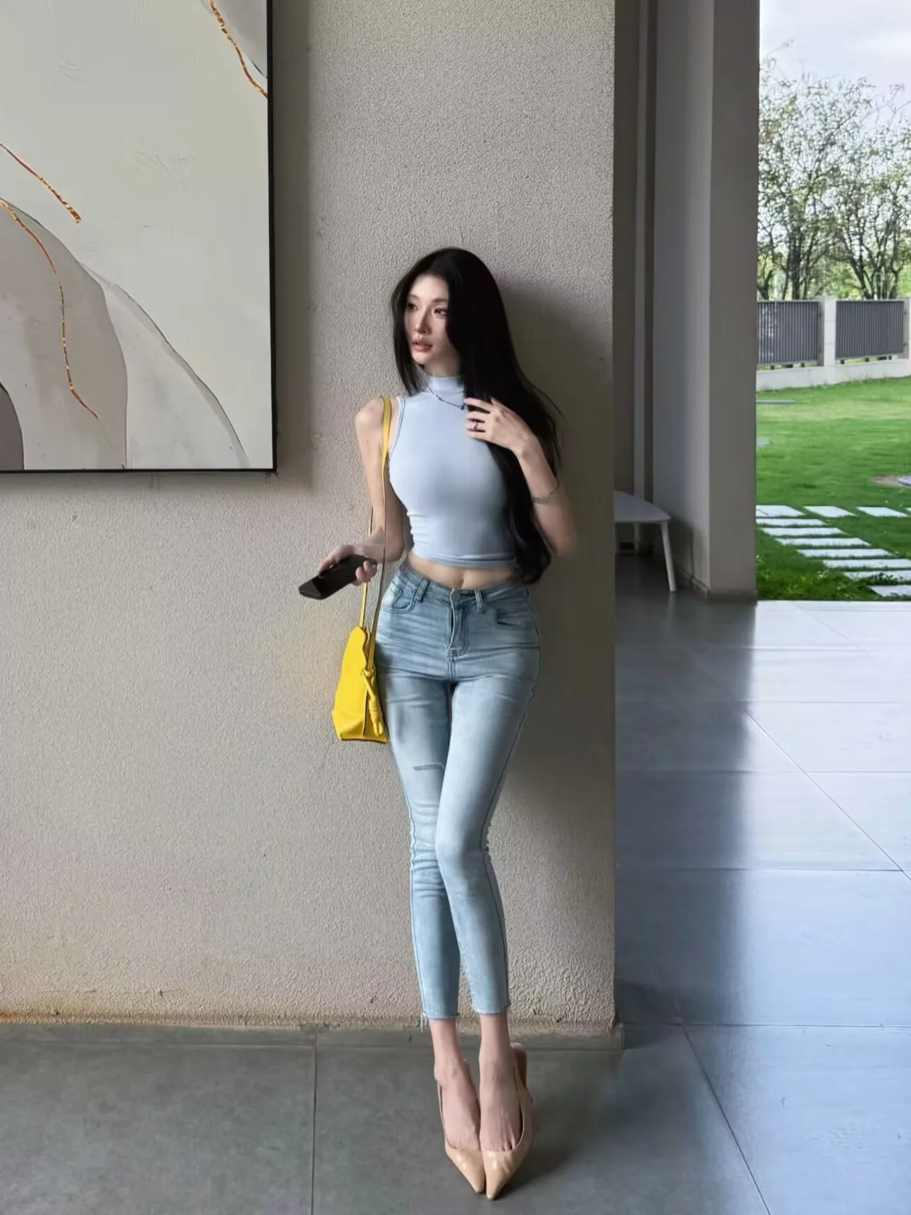 

Slim Fit High Waist Cotton Stretch Denim Blue Jeans Women's Fashionable Butt Lifting Nine Points Pencil Skirt Style