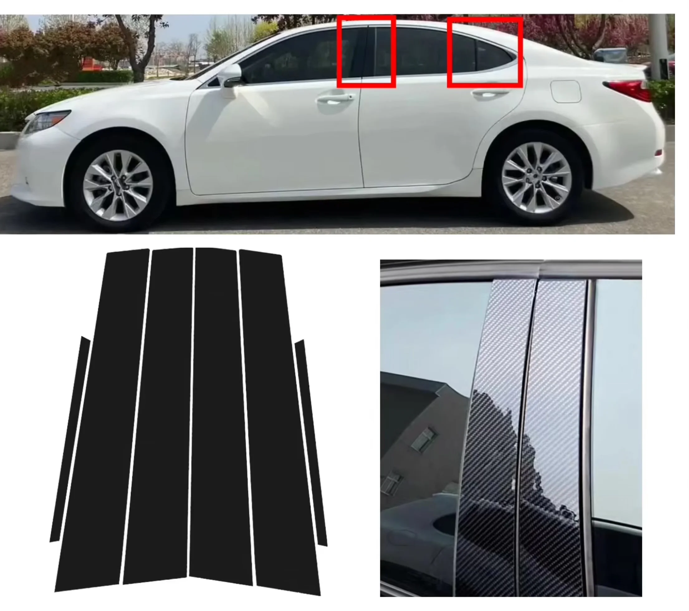 6PCS Gloss Black  Pillar Posts Silver Carbon Window Decor Door Side Mouliding Trim CoverFit For Lexus ES ES350 ES300H 2013-2017