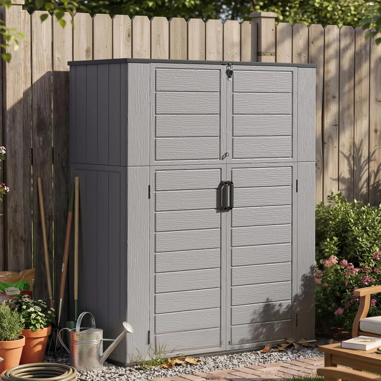 61 Cu.Ft Outdoor Storage Shed, Widened Outdoor Storage Cabinet Waterproof Vertical Resin Shed with Floor for Garden