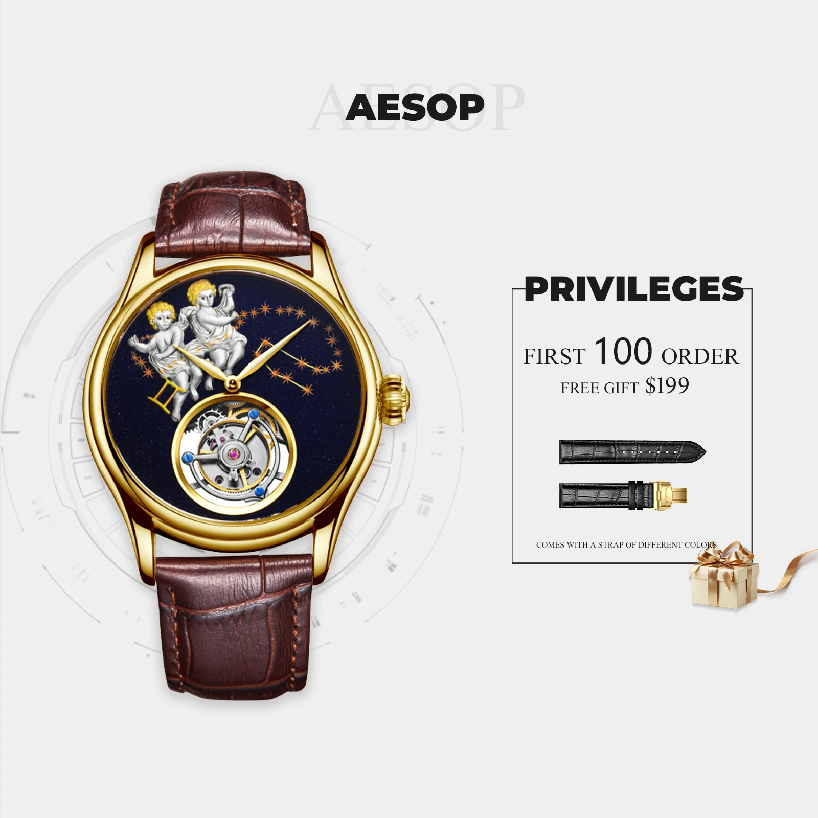 AESOP luxury hollow tourbillon men's manual mechanical watch sapphire hollow tourbillon movement relief Gemini watch