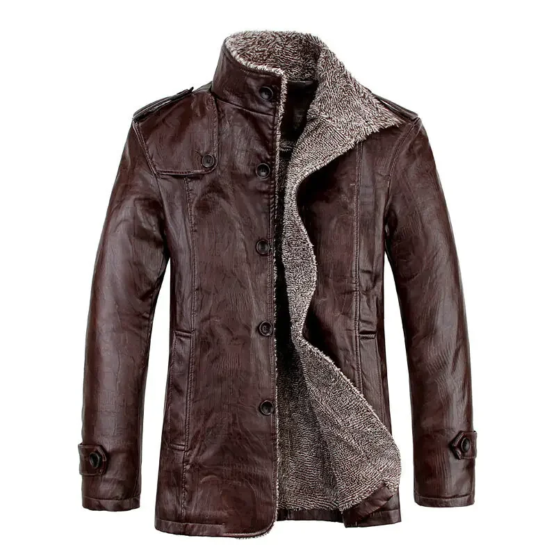 Windproof Warm Winter Coat Male Leather Fleece Motorcycle Coat Men's Plus Velvet PU Leather Jacket Casual Faux Leather Jacket