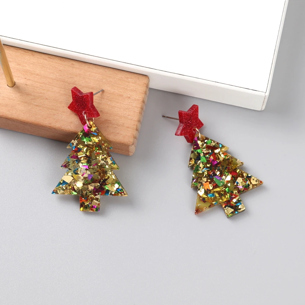 New Glitter Acrylic Christmas Tree Drop Earrings for Women Trendy Colorful Star Plant Statement Earring Xmas Party Jewelry Gifts