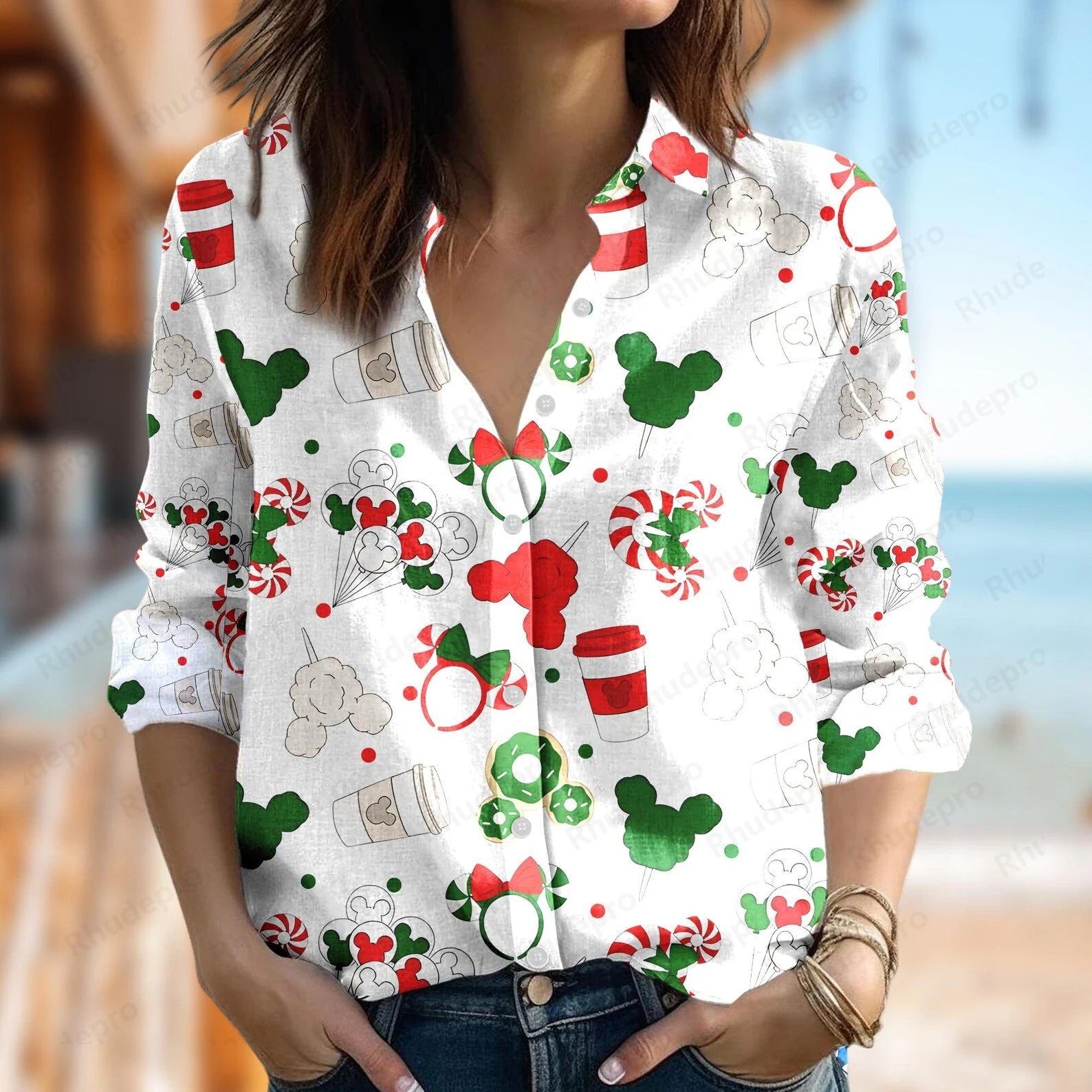 Disney Mickey and Friends Women's Shirt Casual Button Up Long Sleeve Shirt Stitch Olaf Summer Vacation Women Fashion 3d Shirts