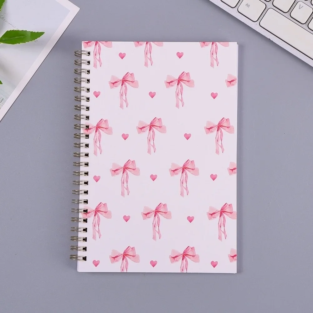 A5 Spiral Coil Notebook Cartoon Blank Lined Pages Diary Book High Beauty Pink Bow Pattern Horizontal Handbook School Office