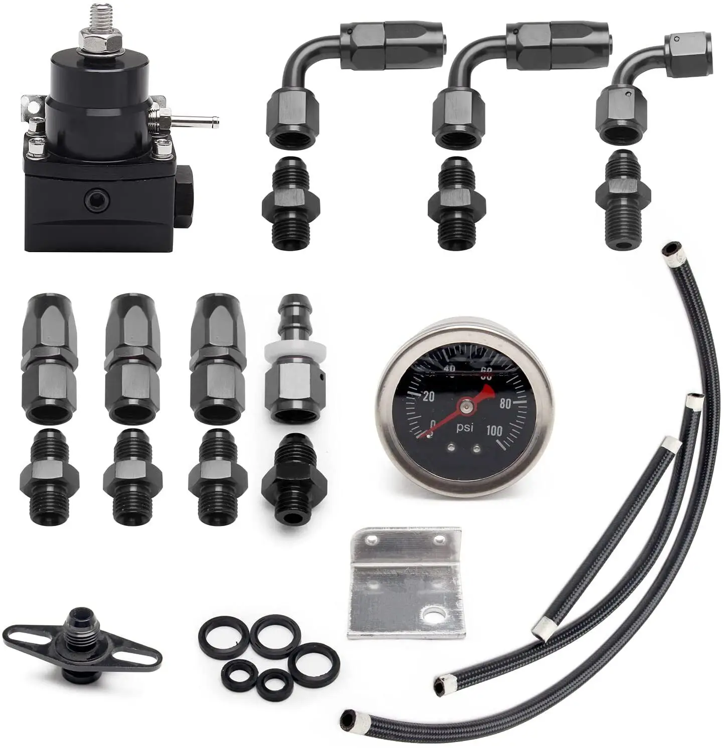 Universal Adjustable Fuel Pressure Regulator Kit 100psi Gauge AN6 Fitting Black