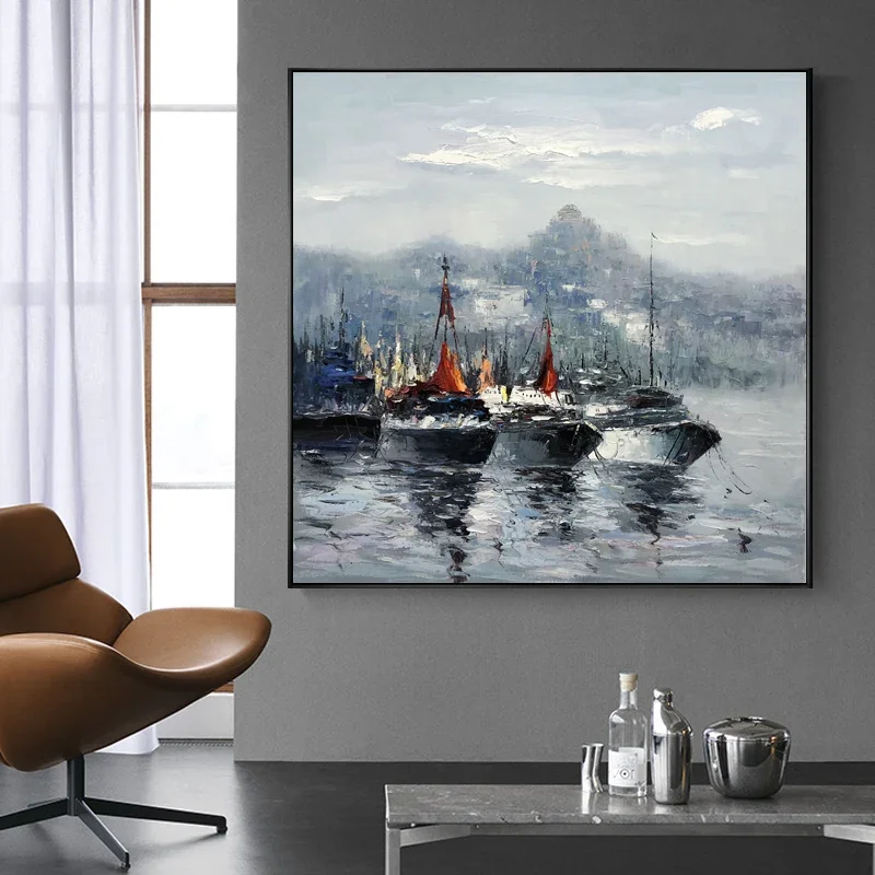 

Hand Painted Abstract Boat Paintings on Canvas Wall Art, Handmade Landscape Oil Painting Picture, Living Room, Office Decoration