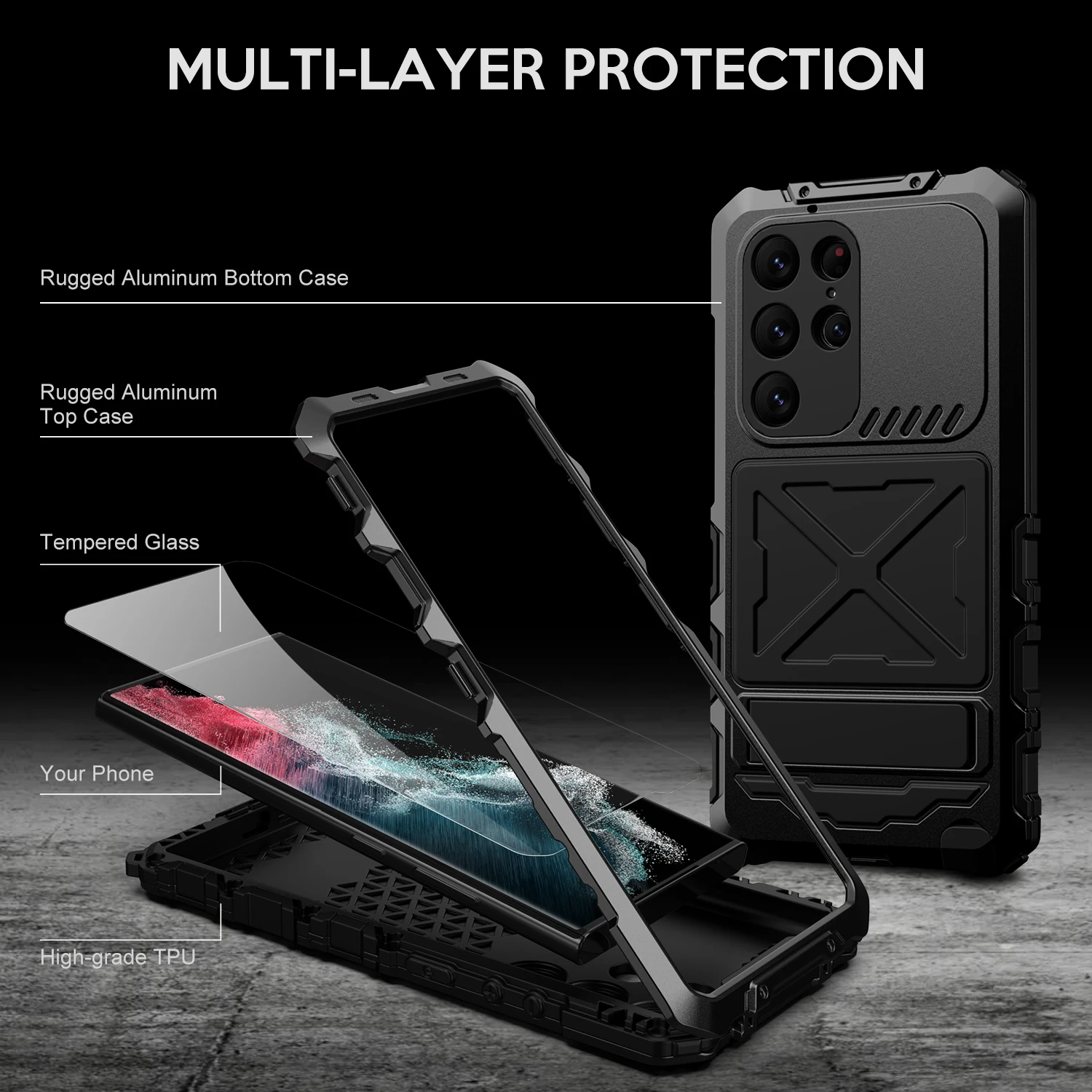 360 Full Protection Heavy Duty Metal Armor Case For Samsung Galaxy S23 Ultra 5G Shockproof Case Stand With Glass Film Cover Capa