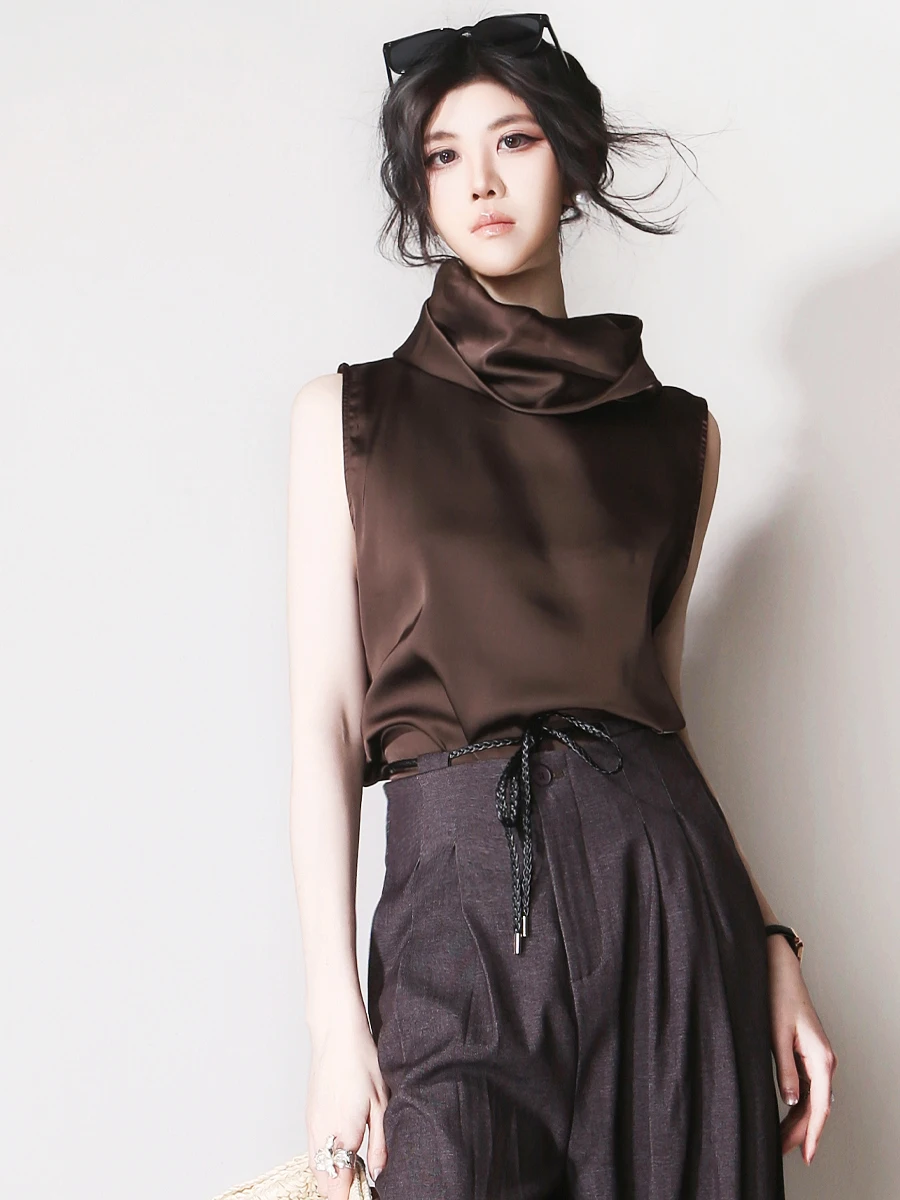 

Casual Loose Svel irt Vest High Collar Turn down Collar Draped Ne Simple Slant Hem Fem Summer Faion Straight Cut