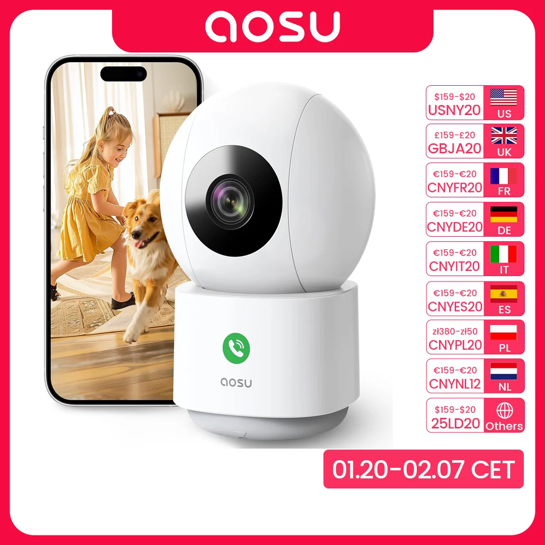 AOSU 2K 3MP 5G/2.4GHz Baby Monitor WiFi Security Camera Indoor 6X Zoom 2-Way Audio Surveillance CCTV Camera Work with Alex