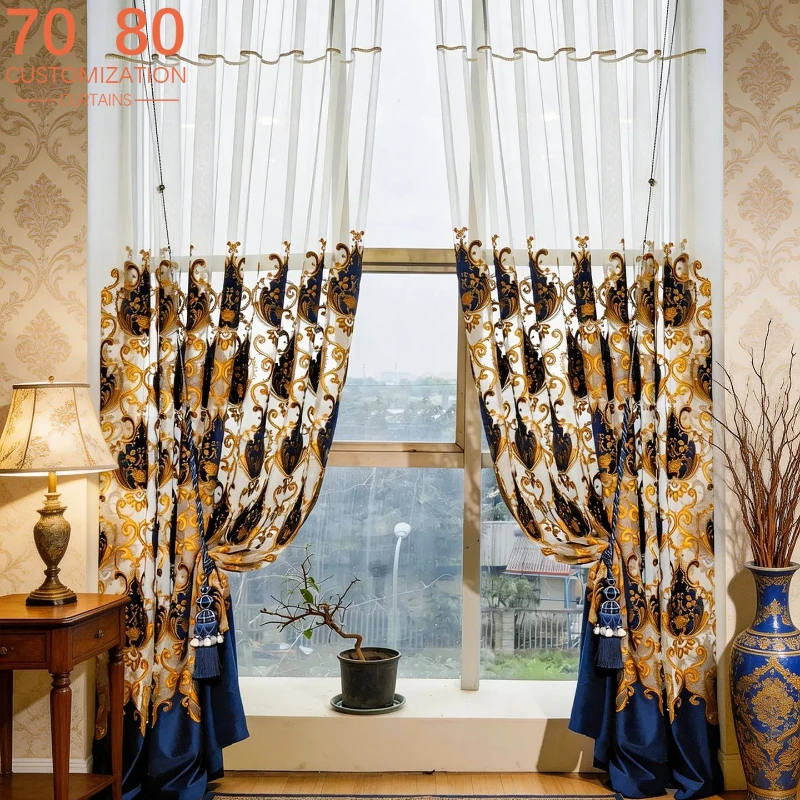 European Luxury French Embroidery Blue Screen Curtains for Living Room Bedroom French Window Villa Customized Finished Products