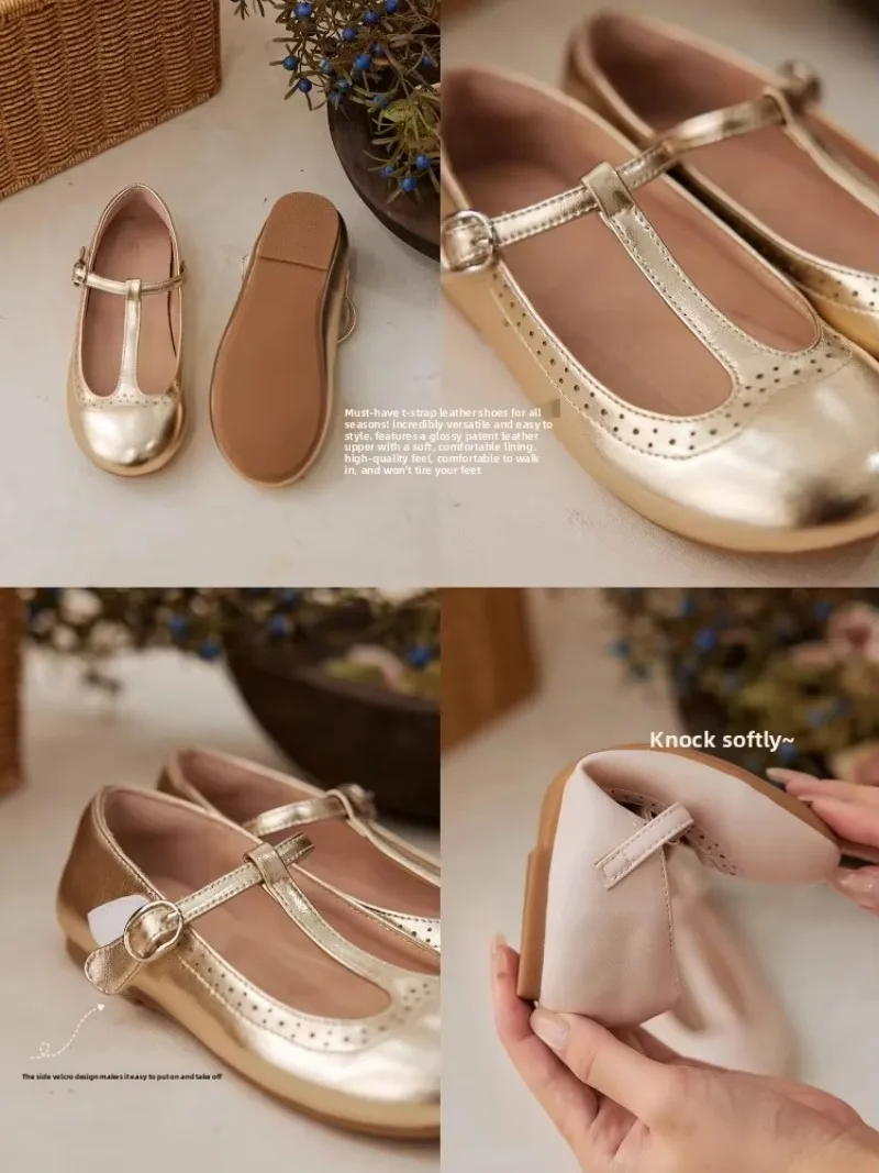 Girls' Four-season High-end T-word Flats Shoes Boutique Solid Color Versatile Mary Jane Small Leather Shoes Four Colors