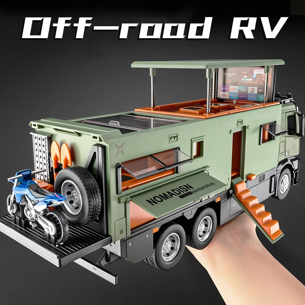 1:18 Off-road RV Miniature Car Model Toys Alloy Diecast Doors Opened Slide Forward Foldable Rearview Mirror Educational Toys
