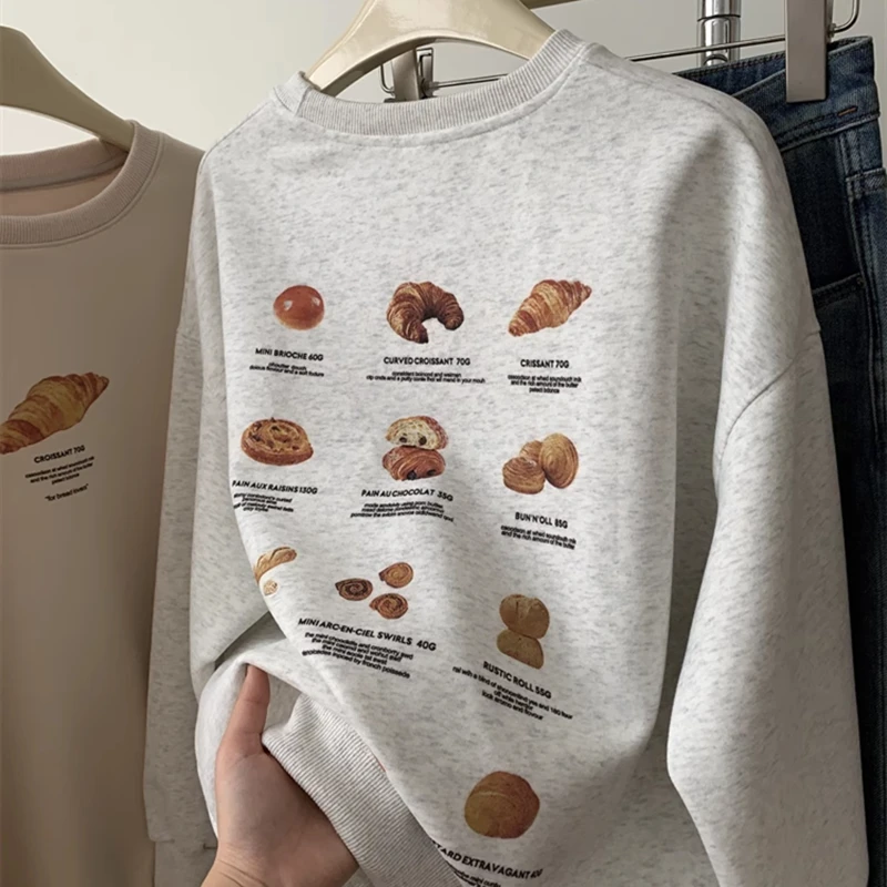 American Cute Cartoon Bread Letter Print Sweatshirt Pure Cotton Hoodie Tops Women Loose Streetwear Casual Autumn Winter Clothes