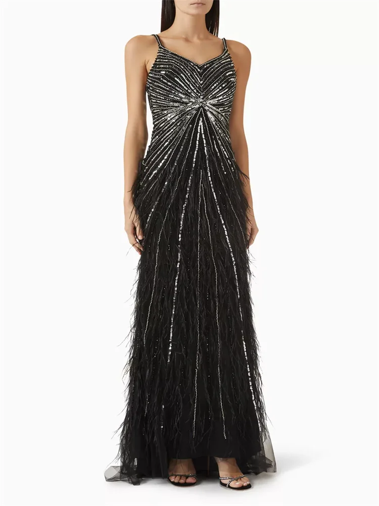 

Customized Sequined Feather Luxury Evening Dress Sweetheart Neckline All-over Sequined Feather Embellished Backless Dress