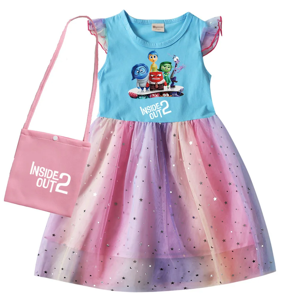 Summer Inside Out 2 Joy Costume Kids Cartoon Joy Short Sleeve Dress+bag Funny Clothes Toddler Girls Birthday Party Casual Dress