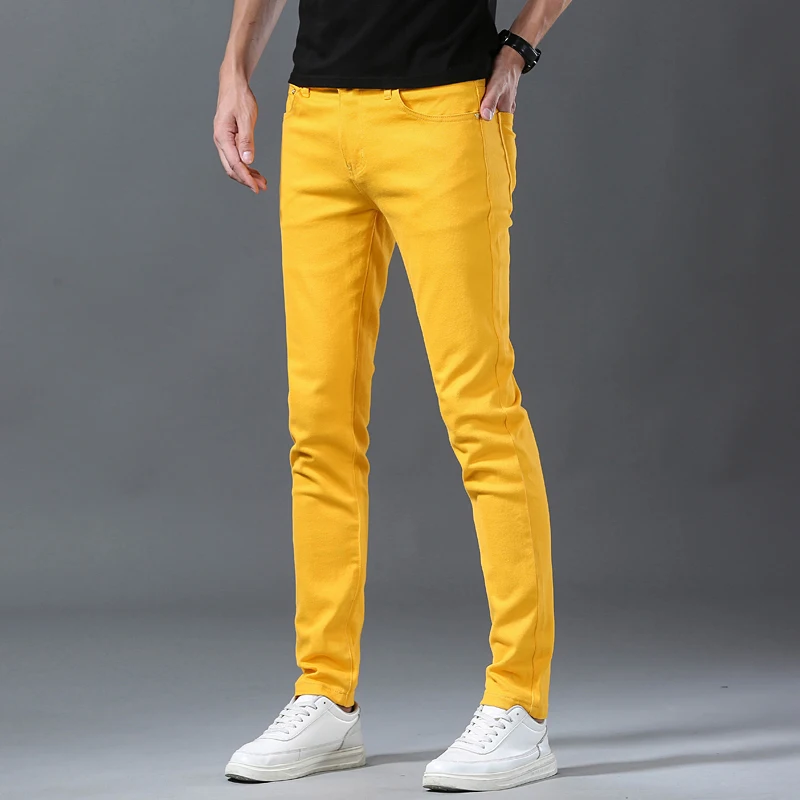 

Летние тонкие желтые джинсы, мужские эластичные облегающие повседневные длинные брюки, модные брендовые мужские модные джинсы с прямыми штанинами