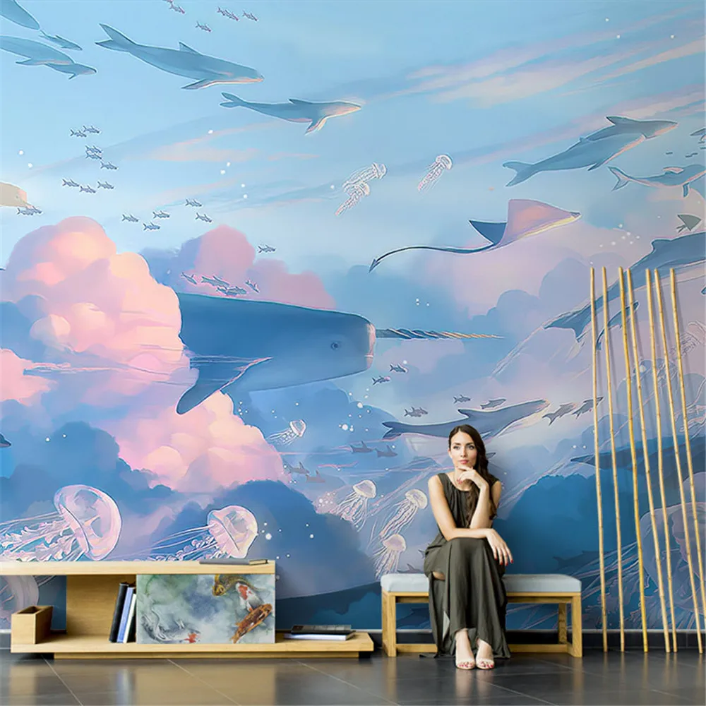 wall stickers decoration Children's Room Girl Princess Room 3d Wallpaper New Whale Mural Background Wall papel de parede