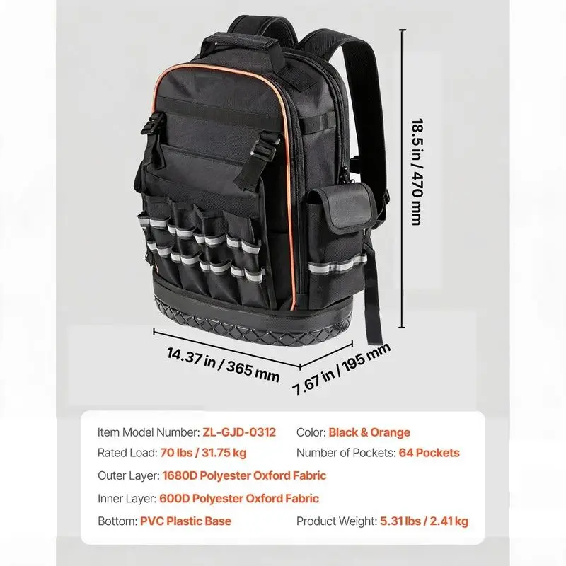 Tool Backpack, 64 Pockets, Heavy Tool Storage Storage Bag, Electrician Work Backpack