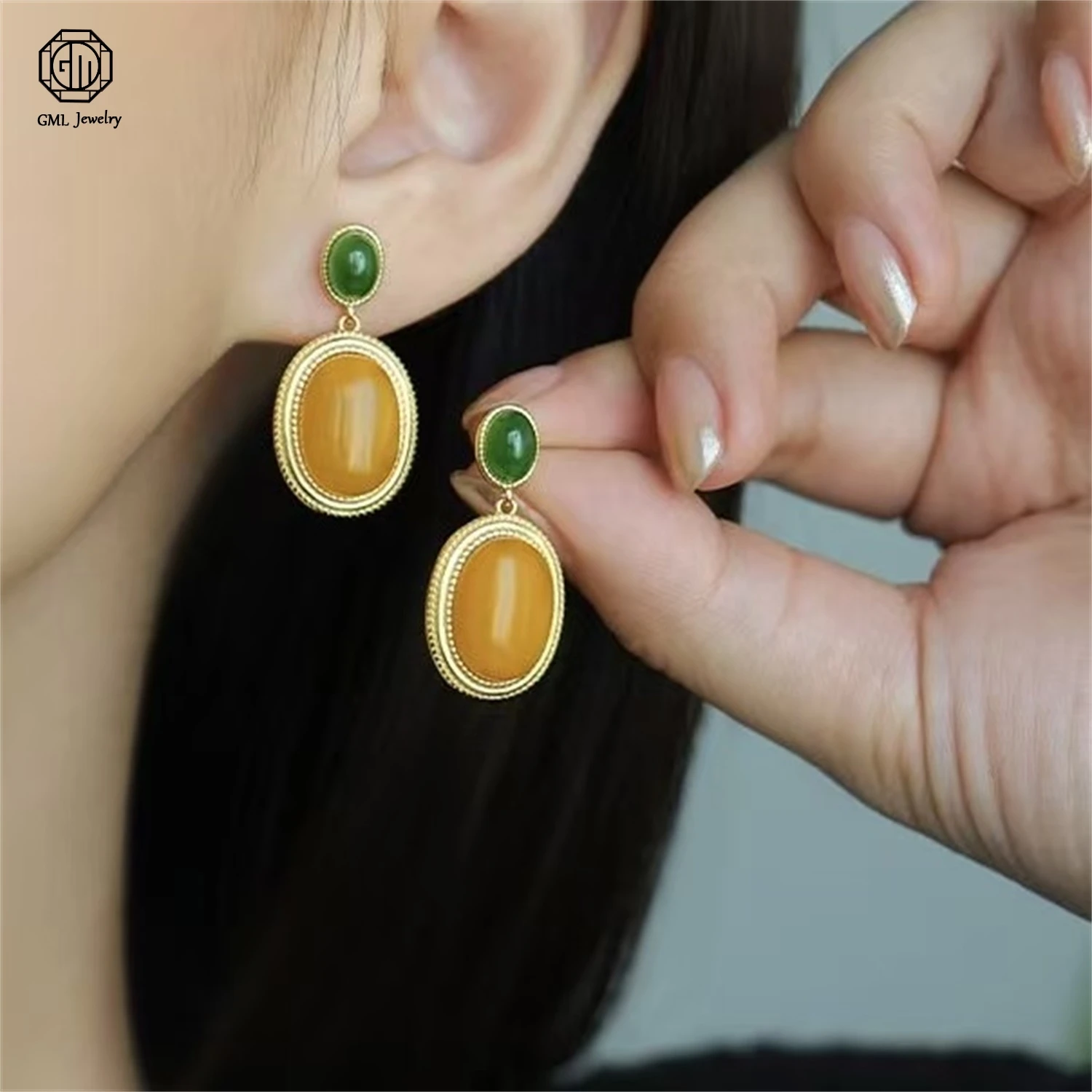 Natural Honey Amber Earrings Women Full Dense Butter Yellow Vintage Style Light Luxury Gemstone Jewelry Gift