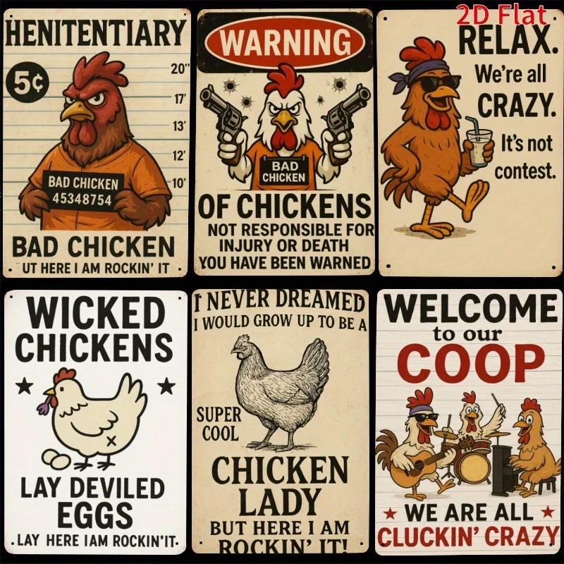 2D Flat, 6pcs, Vintage Metal Signs, Chicken Coop Humor Signs, Used for Farm Yard Decoration, Home Kitchen Restaurant Bar Decorat