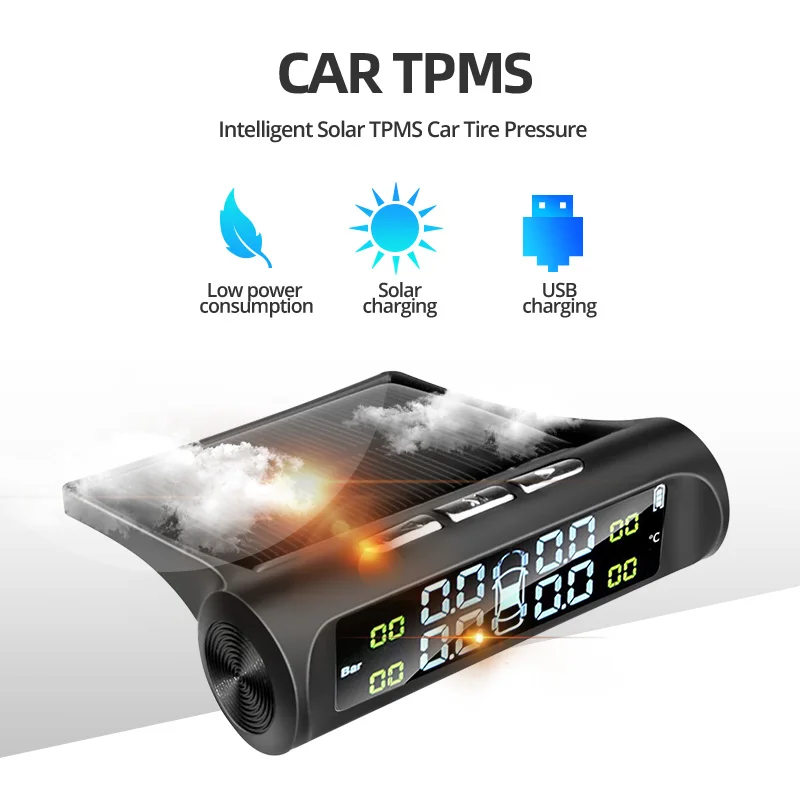 Solar TPMS Car Tire Pressure Monitoring System with 4 Wheel Internal External Sensors, Universal Wireless Tire Pressure Sensor