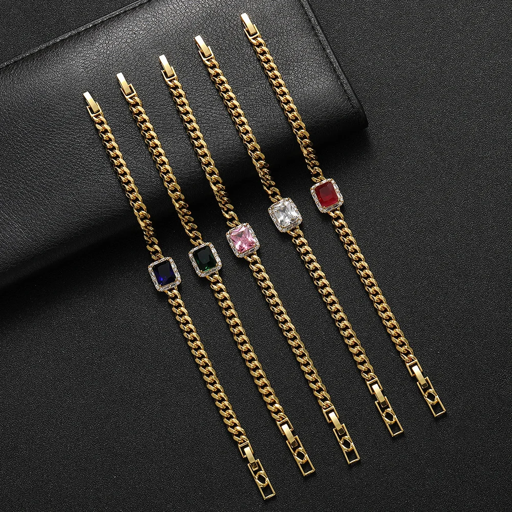 New Cuban Chain Bracele With Square Stone Hip Hop Punk Style Bangle Shiny Zircon Hand Jewelry For Women Men Gifts Wholesale