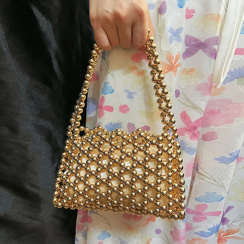 

French style niche high-end sense, bright color handmade bead, summer western-style hollow out fashionable versatile woven handb