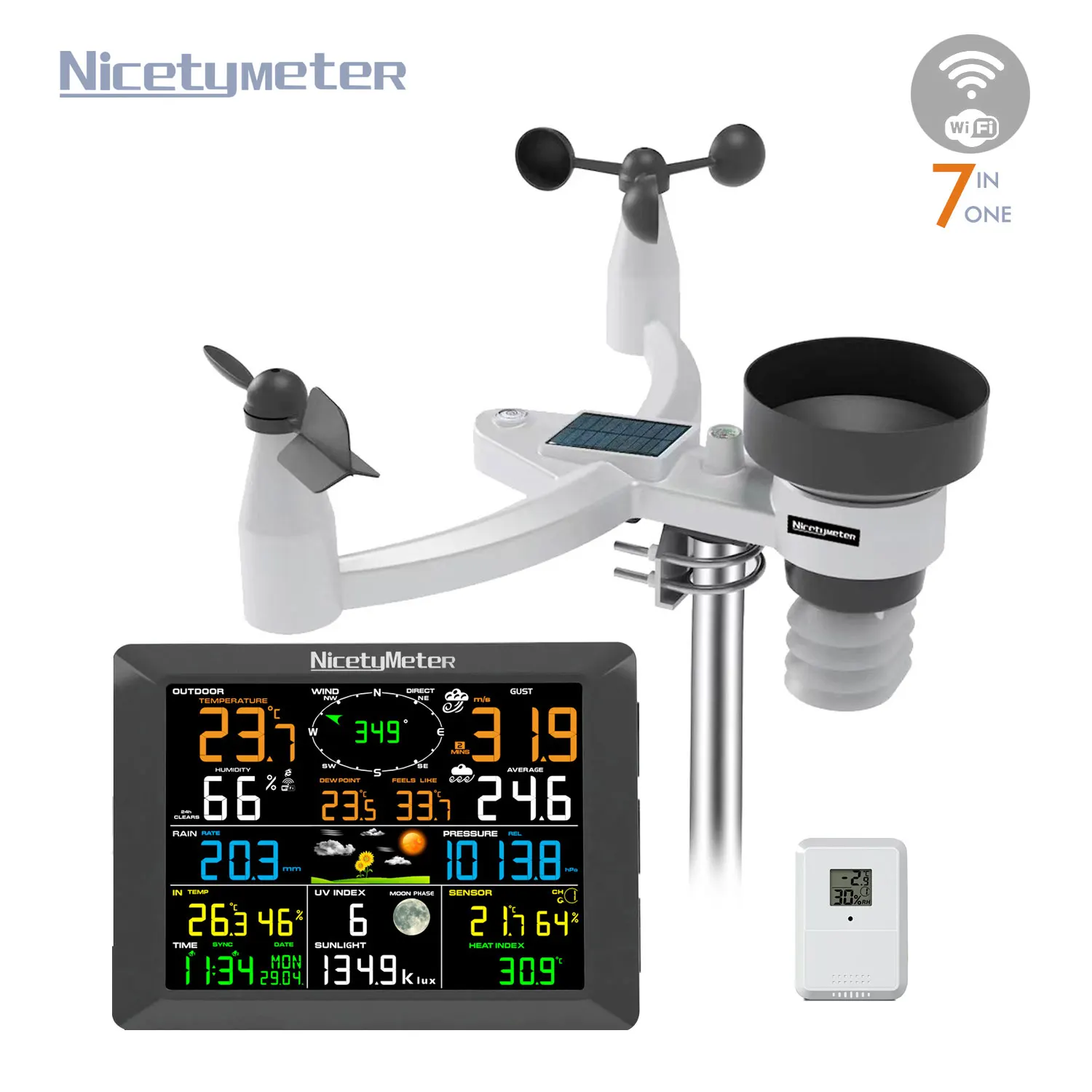 NicetyMeter 7-in-1 Wi-Fi Weather Station Solar Indoor Outdoor Remote Monitoring System Temperature Humidity Wind Speed Direction